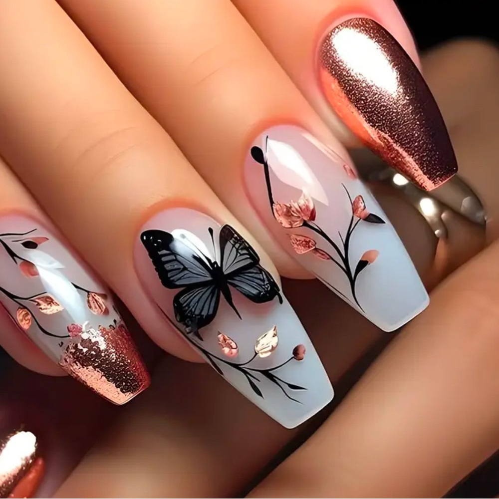 Butterfly Press On Coffin Long Press On Nails
